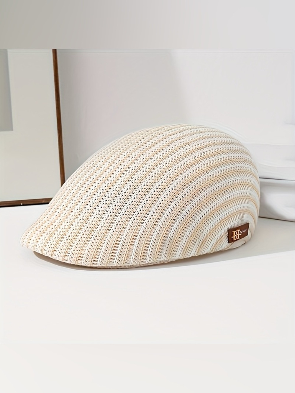 Mens Woven Beige White Flat Hat Cap